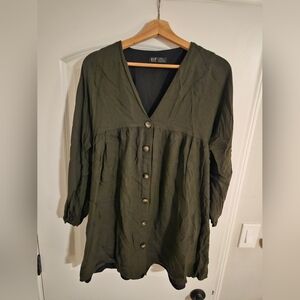 ZARA TRF Olive Green Button-Down Tunic Dress with V-Neck